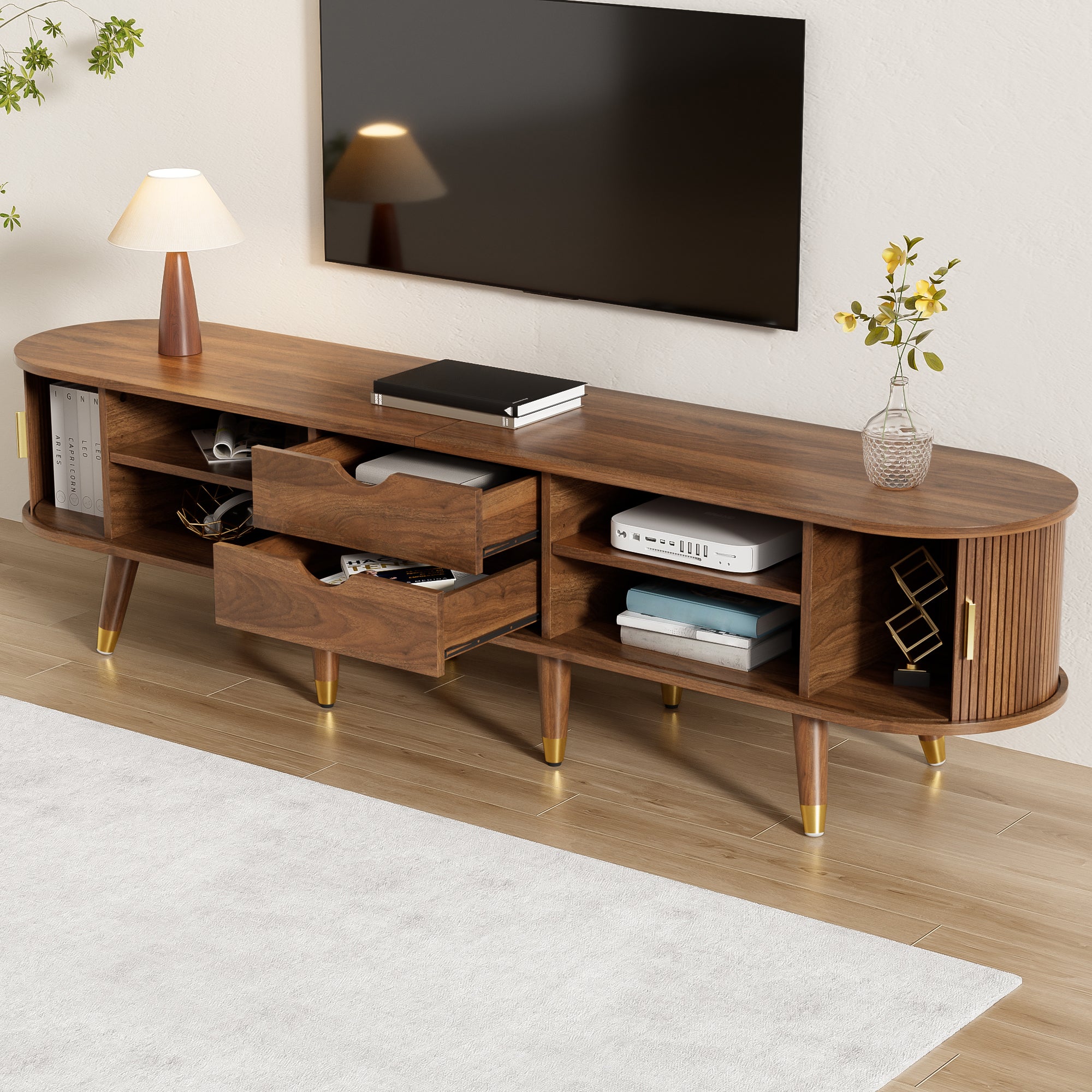 Mobile TV con 2 ante scorrevoli e 2 cassetti - 175 x 38 x 45 cm - MDF - per soggiorno - Noce - 4