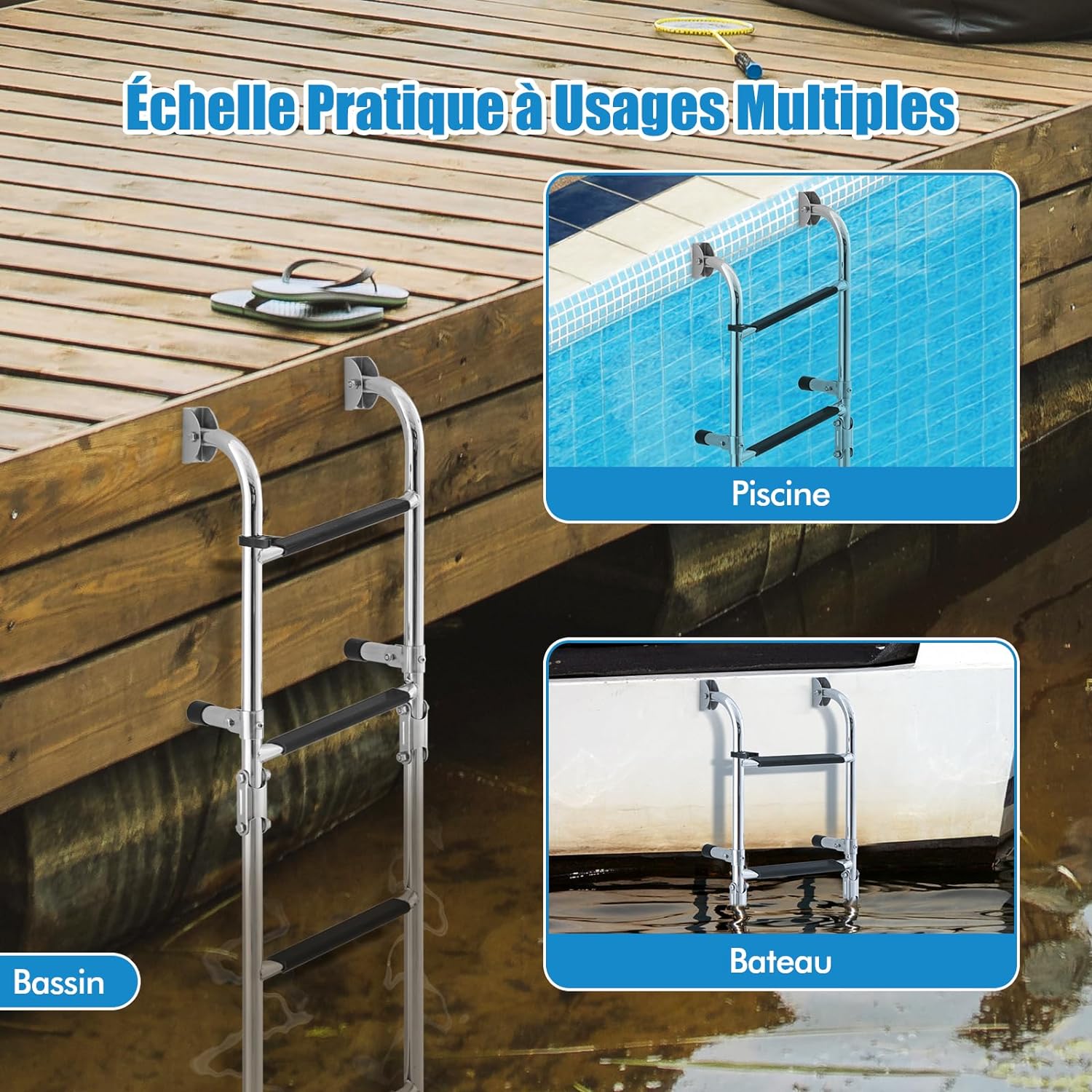 Échelle De Piscine 4 Marches KAOLALI – Acier Inoxydable, Pliable, Antidérapante, Pour Bateau, Yacht, Ponton