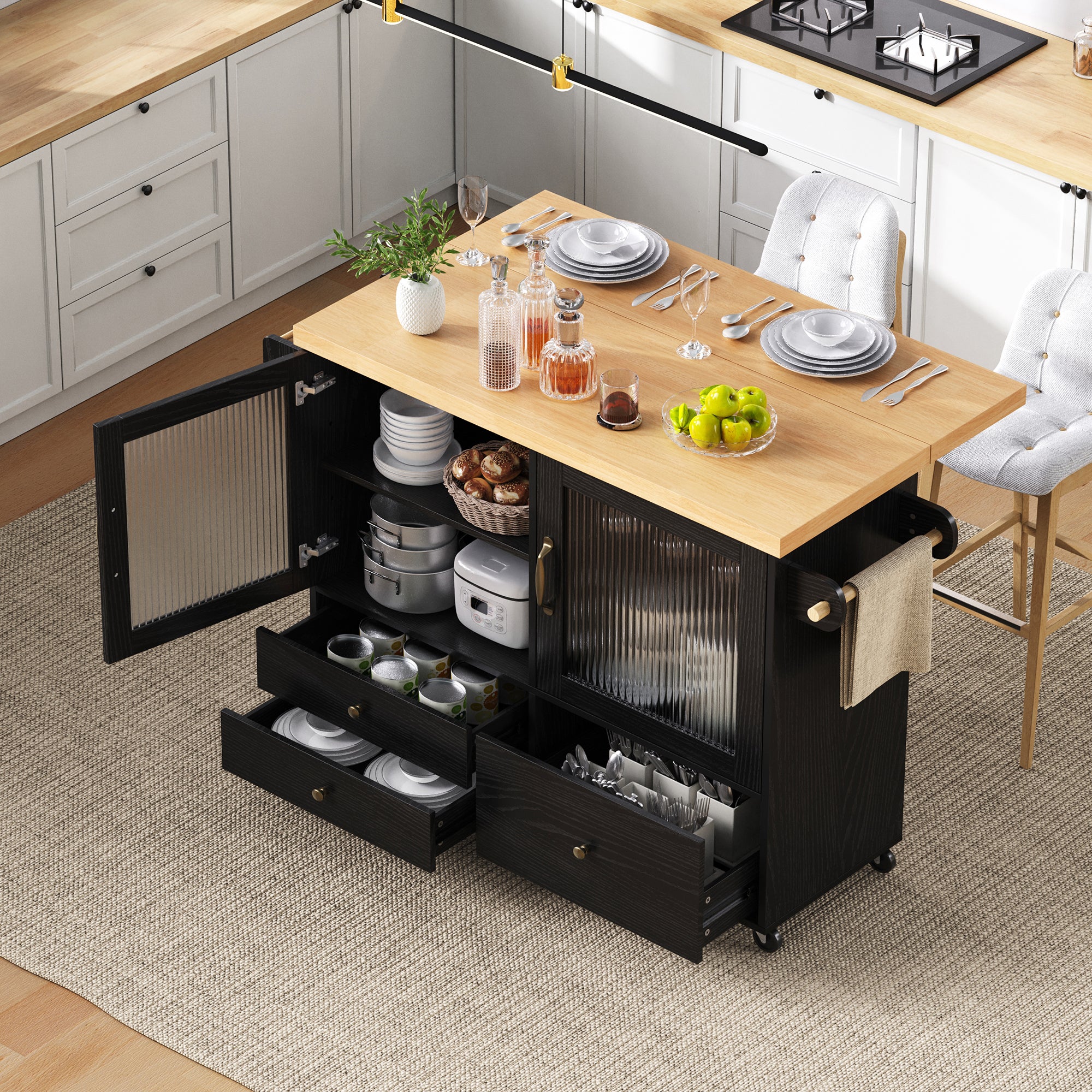 Mobilna wyspa kuchenna z 3 szufladami i 2 drzwiami - 100 x 42/70 x 91,5 cm - MDF - Rozkładany blat - Czarny + naturalny - 3