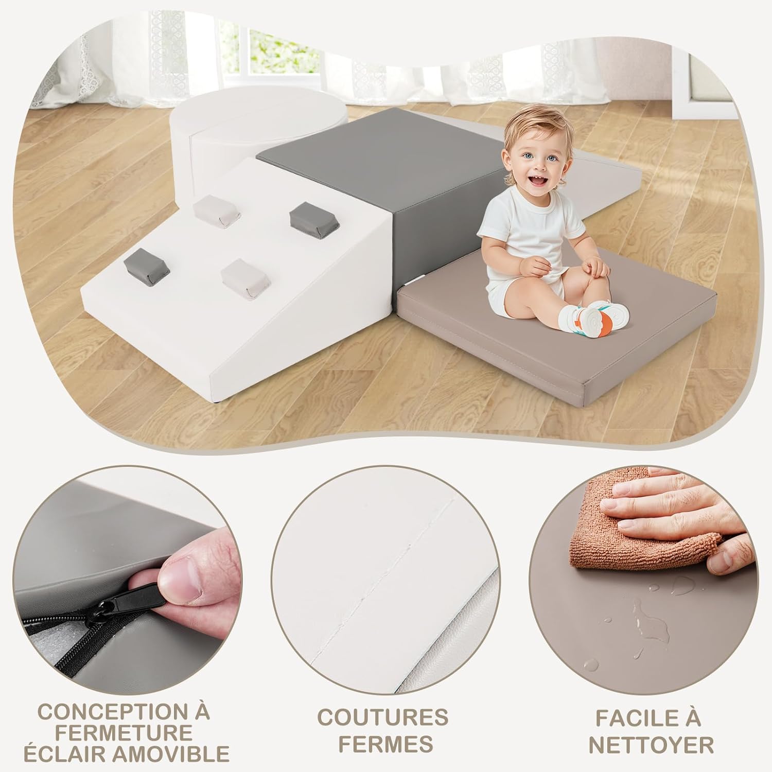 6 PCS Parcours Motricité Bébé en Mousse EPE, Module Motricité Bébé Différentes Formes & Couleurs, Jouet Montessorri d'apprentissage pour 1 Ans+ Blanc - 7