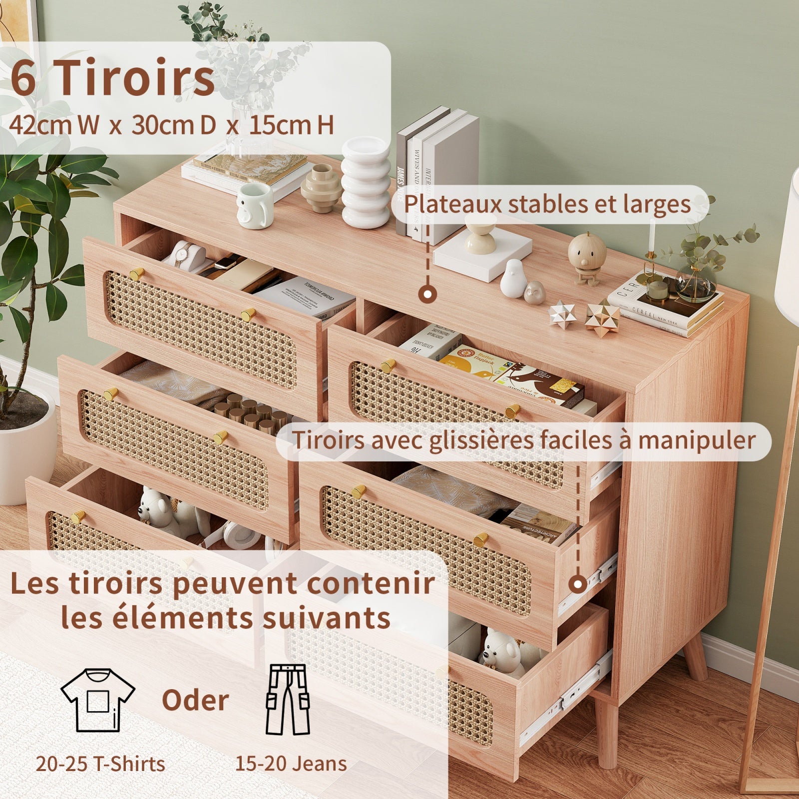Commode en rotin à 6 tiroirs, style scandinave, avec poignées dorées et pieds en bois, 100 x 34 x 73 cm, Couleur naturelle - 4