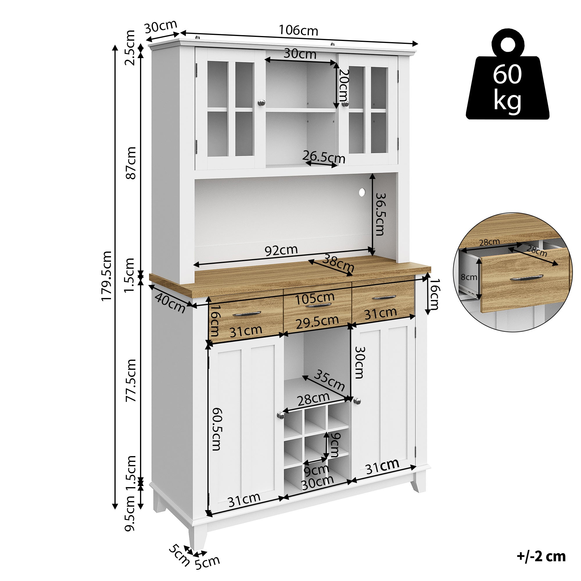 Kredens kuchenny z 4 drzwiami i 3 szufladami - 106 x 40 x 179,5 cm - Płyta MDF - Diody LED - Regulowane półki - Biały - 6