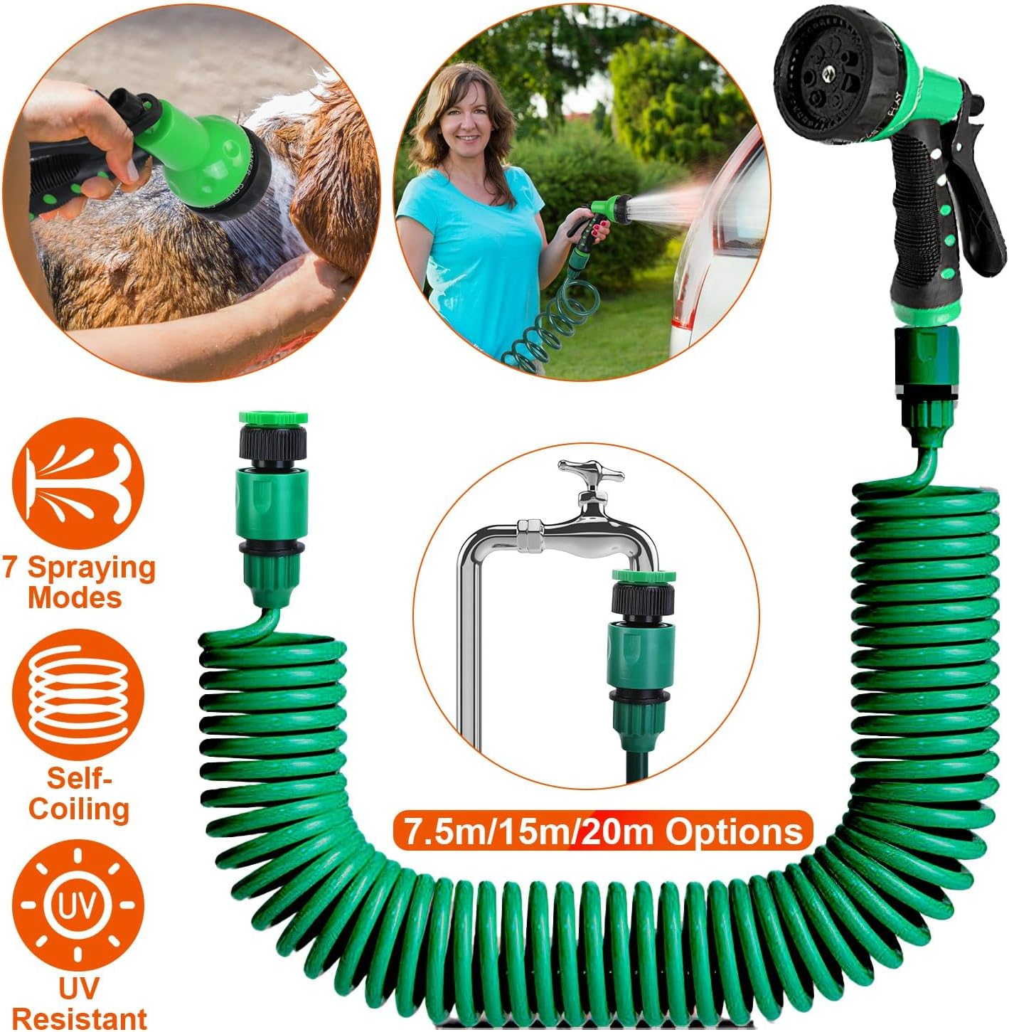 Tuyau d'arrosage extensible en spirale, tuyau d'arrosage flexible en EVA de 15 m avec adaptateur 3/4