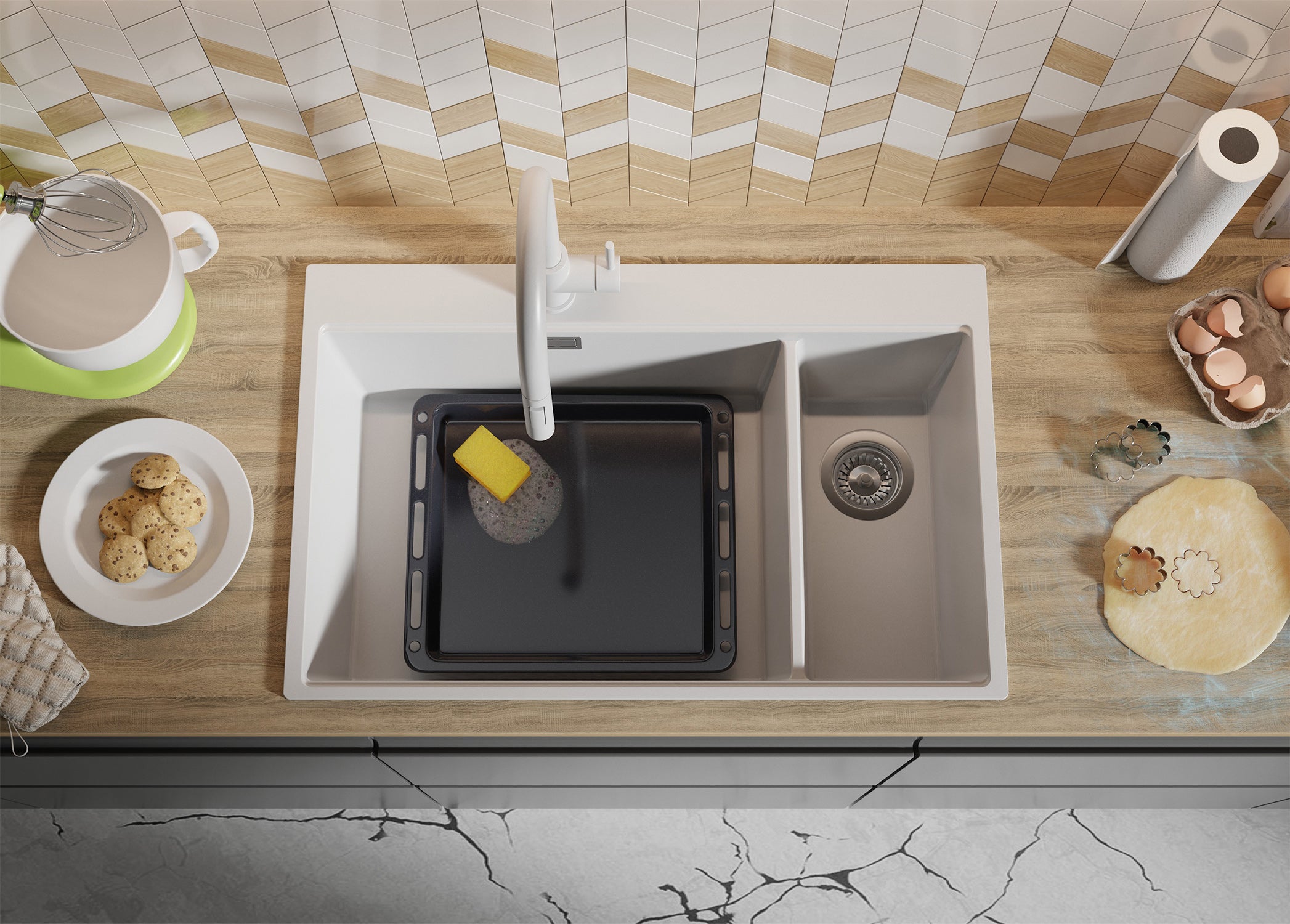 Evier Cuisine en Granit Tout Blanc 78x50cm, Lavabo 2 bacs + Kit de Vidage + Planche à Découper, Évier à Encastrer au meuble 80cm - Oslo Duo PRIMAGRAN - 8