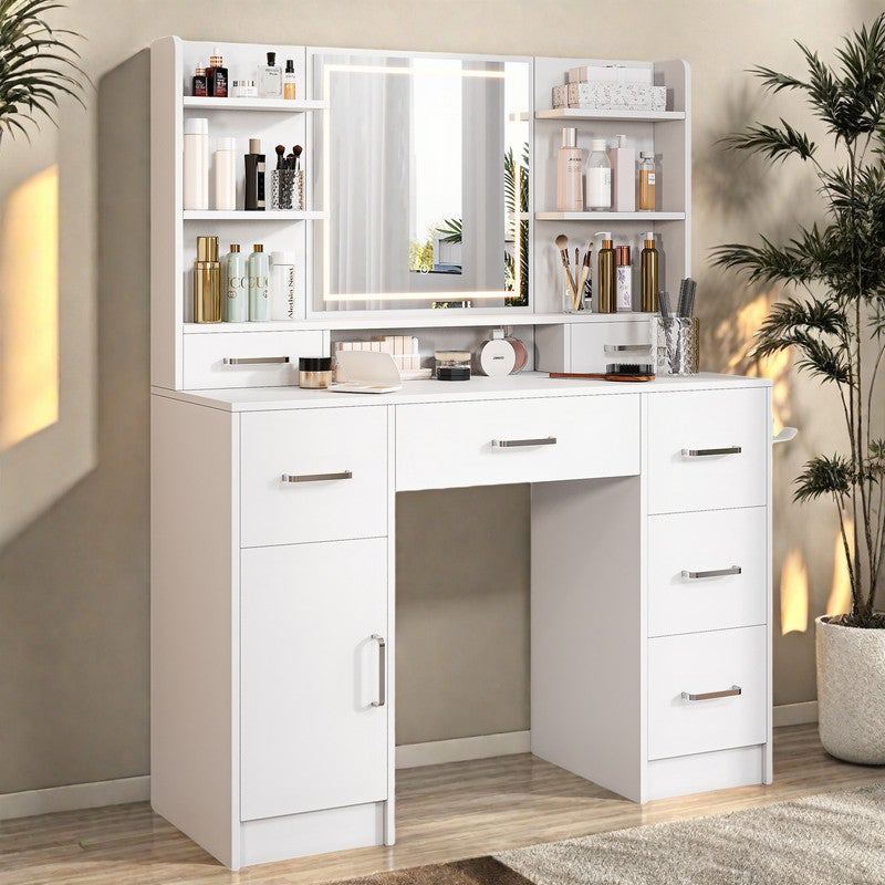 Coiffeuse avec Miroir LED, 3 Couleurs, Meuble de rangement, Coiffeuse de chambre, 7 tiroirs 1 porte, Style Moderne, 110x40x140 cm, 7 Étagères, Blanc - 4