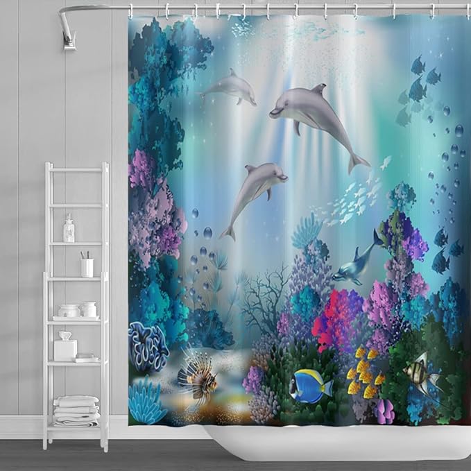 Tenda da doccia per bambini, tartaruga marina, spiaggia, stelle marine, tenda da bagno per rettili, tartarughe, decorazione blu foglia di tè, set di tende da bagno per donne e uomini, accessori per il