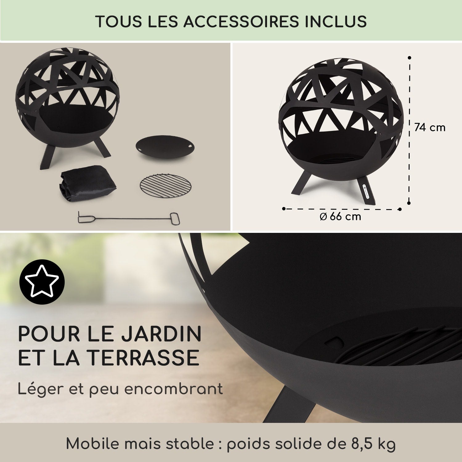 BLUMFELDT Colima brasero Ø 66 cm forme sphérique avec grille à charbon de bois et cendrier géométrique Noir - 4