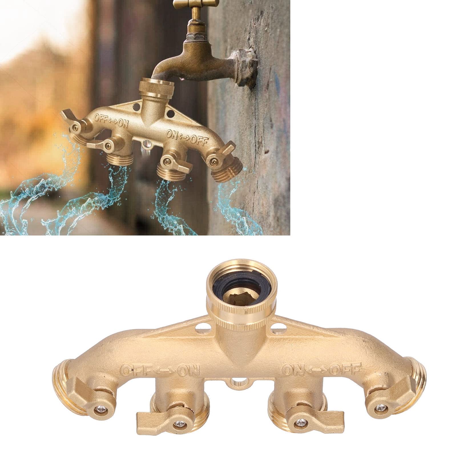 Distributore Acqua 4 Vie In Ottone Per Giardino | Con Valvole Indipendenti E Ingresso 3/4 | Per Irrigazione, Lavaggio Auto E Uso Esterno