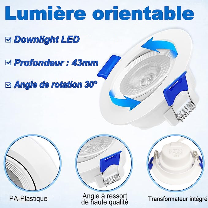 Lot de 20 - Spot LED encastrable orientable, 7W 6000K Blanc froid transformateur intégré pour plafond - 2