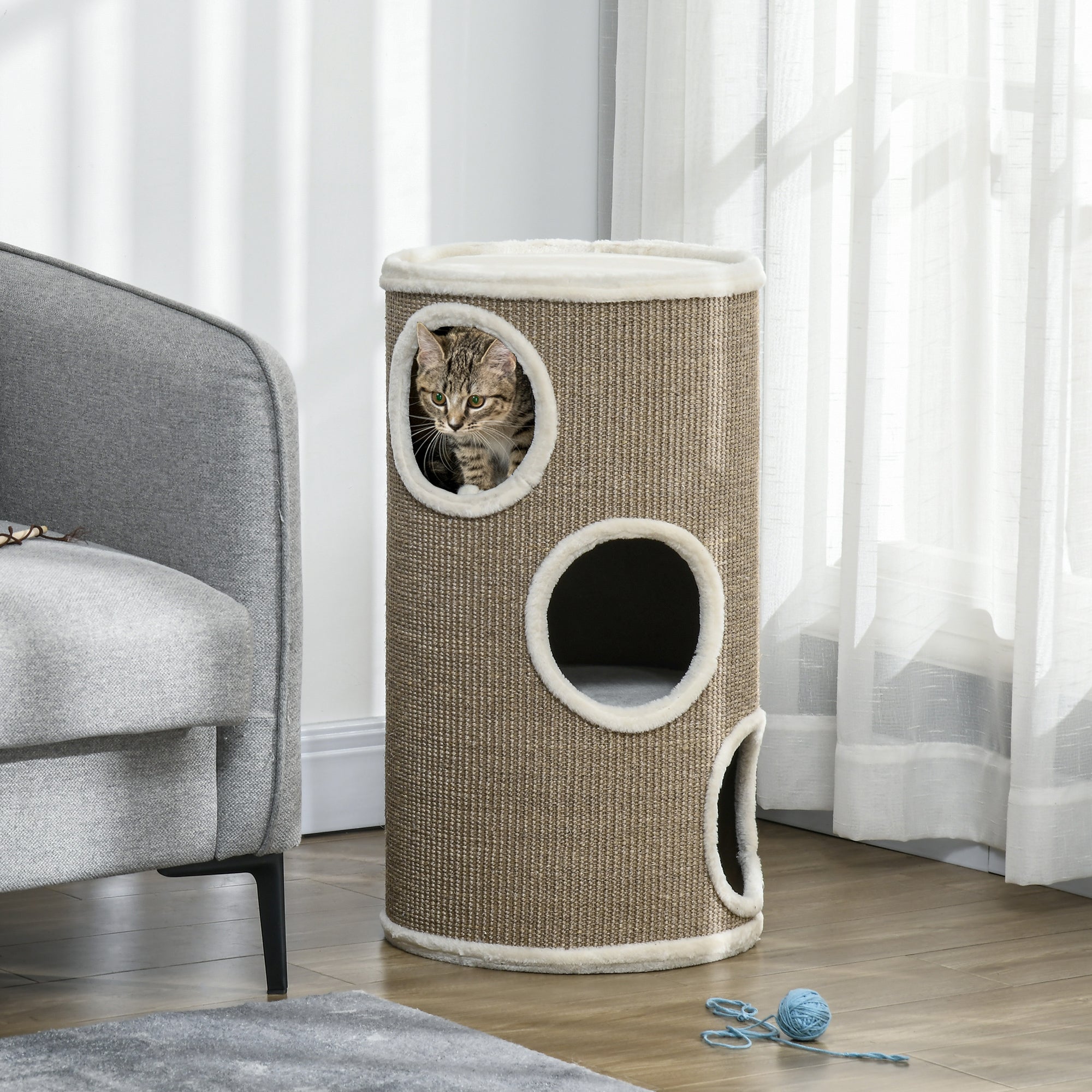 Tonneau grattoir pour chat 3 niveaux sisal peluche marron Ø38x70cm ...