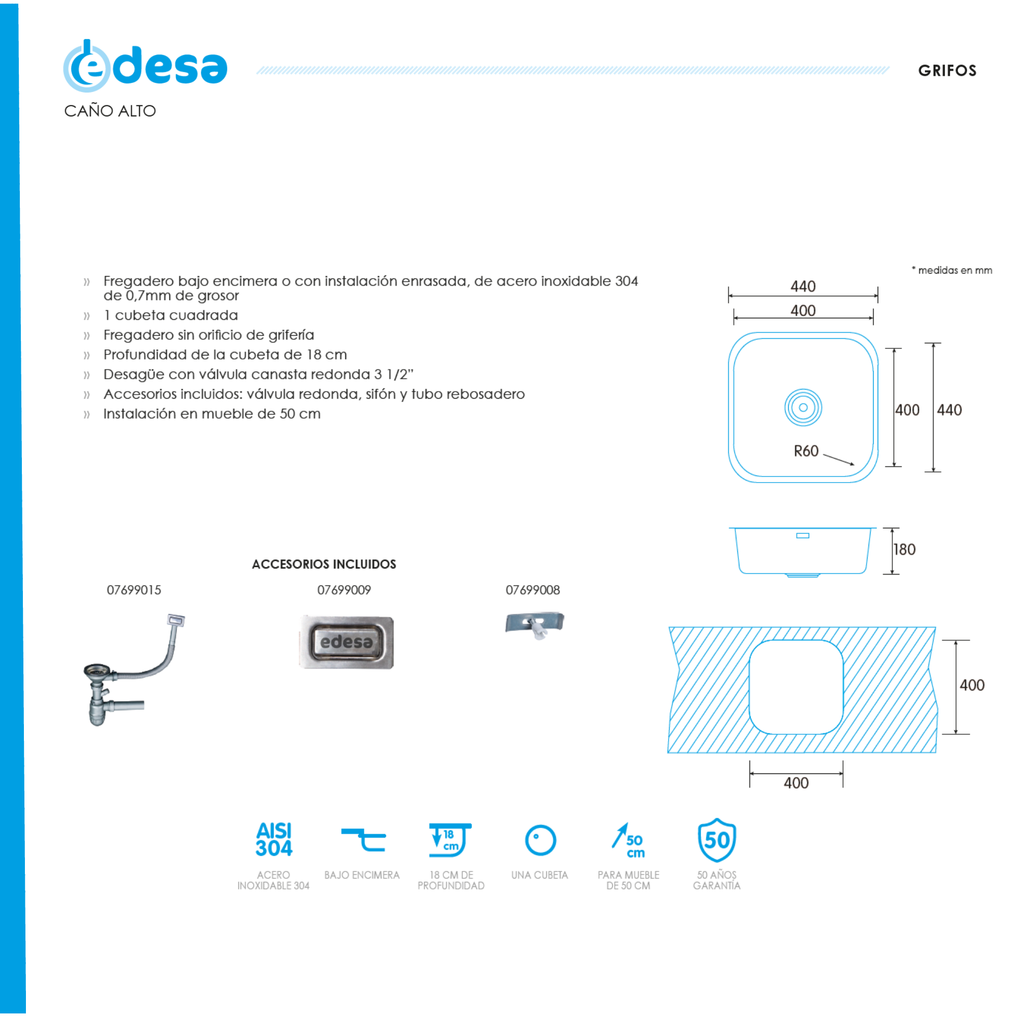 Fregadero Bajo Encimera Edesa Fuji BE 50x40 - Acero Inoxidable, 1 Cubeta, Válvula Redonda