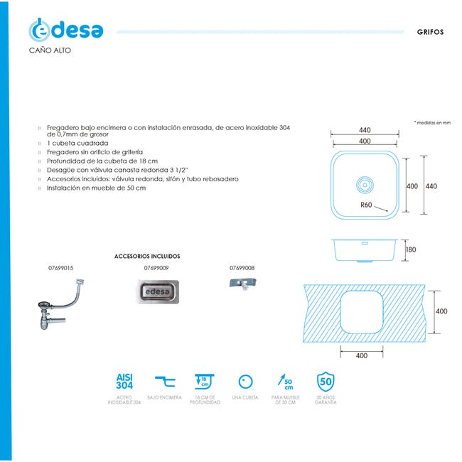 Fregadero Bajo Encimera Edesa Fuji BE 50x40 - Acero Inoxidable, 1 Cubeta, Válvula Redonda
