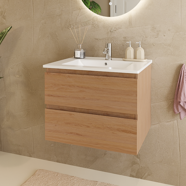 LOMAZOO Meuble De Salle De Bain Marenza Chêne Clair 60cm - Lavabo Blanc