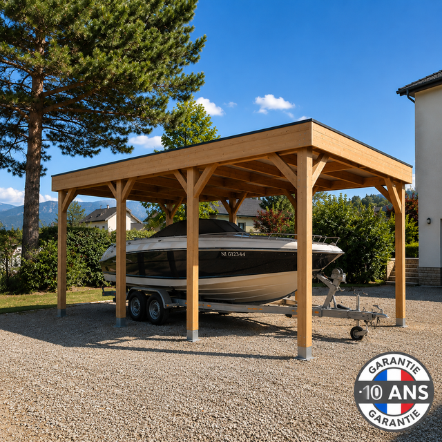 Carport Bois Douglas Français 38 m² – Toit plat – 8 poteaux – Abri camping car extérieur – Garantie 10 ans
