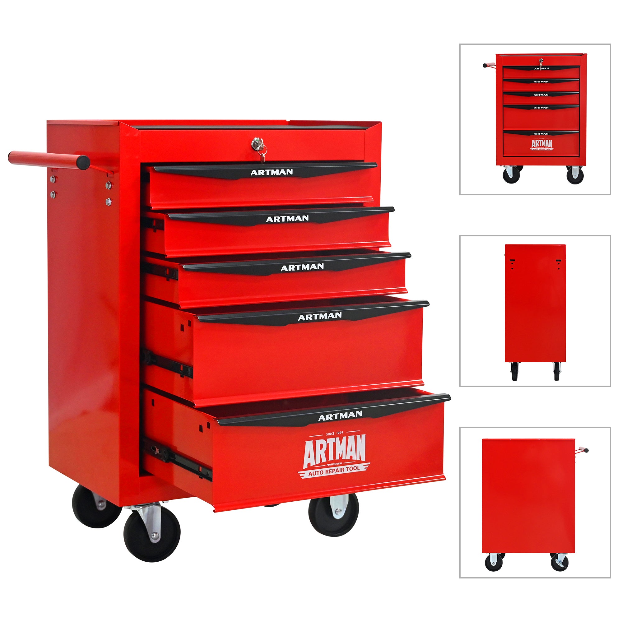 Coffre à outils métallique à roulettes avec 5 tiroirs, armoire à outils pliable en 5 parties avec glissières à billes - 4