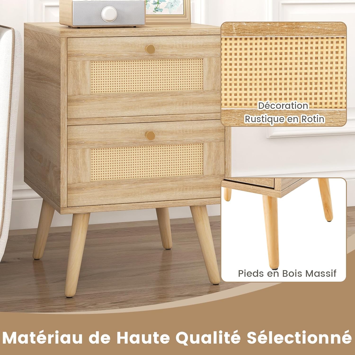 Table de Chevet en Rotin, Table de Nuit Bois avec 2 Tiroirs et 4 Pieds en Pin, Porte Cannage, Style Bohème, 40 x 40 x 59 cm (1) - 4