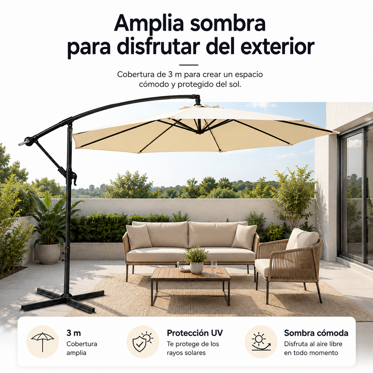Parasol latéral 3 mètres inclinable 360° avec mât et manivelle beige sans base - 2