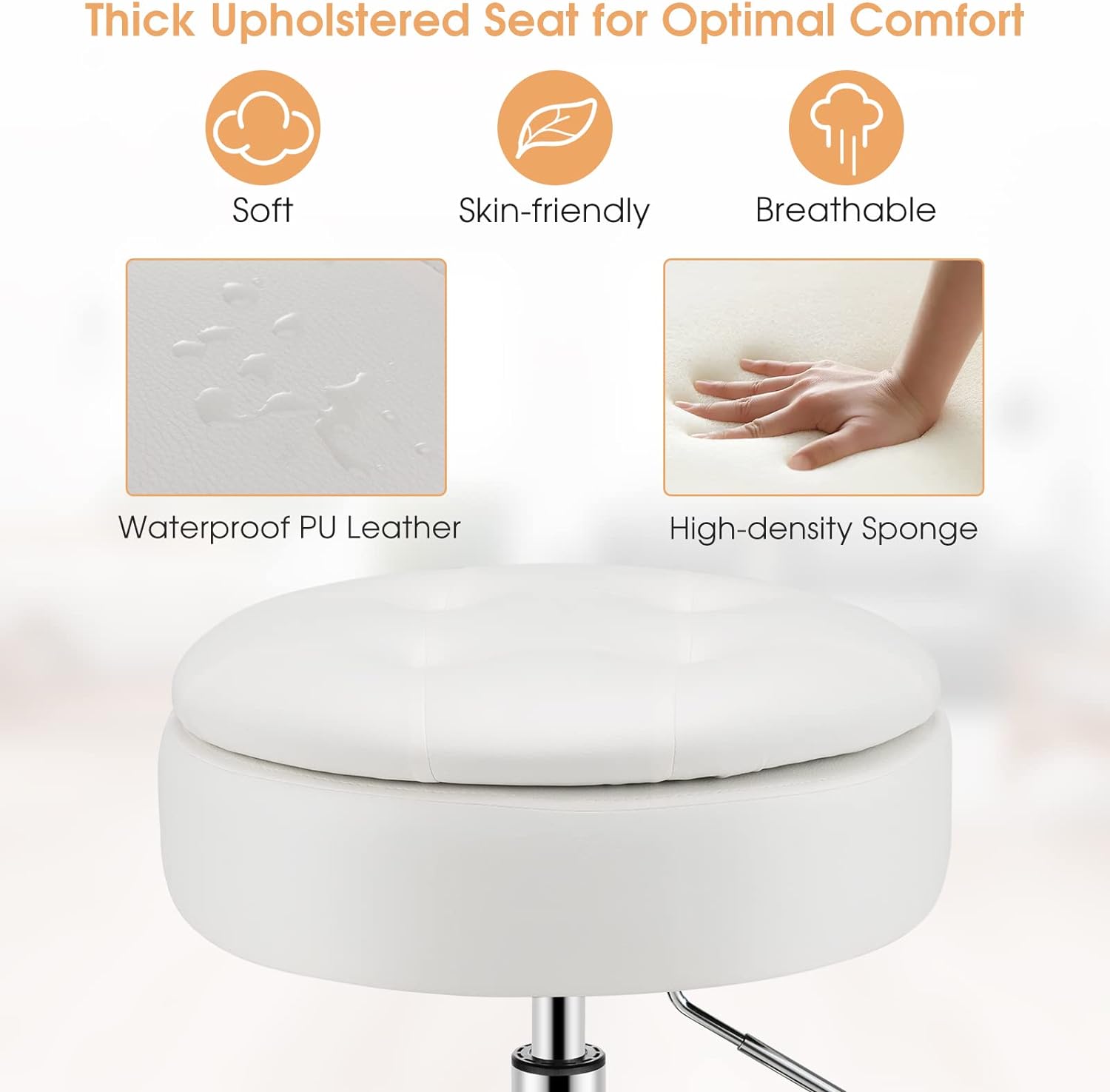 Tabouret de Coiffeuse Capitonné, Pouf de Rangement d'appoint avec Couvercle Réversible, Chaise de Maquillage Pivotante à 360° (Blanc) - 4