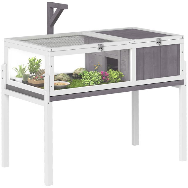 Terrário Madeira para Tartarugas 104x53x82cm Dupla Zona Bandeja Removível Branco Cinza