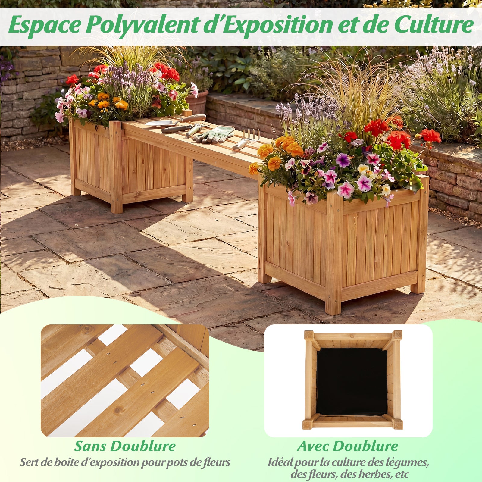 Jardinières d'Extérieur avec Banc 169 x 35 x 35 cm, Bac à Fleurs en Bois Massif Finition Huile de Teck Base Ouverte, Lit de Jardin Surélevé, Naturel - 5