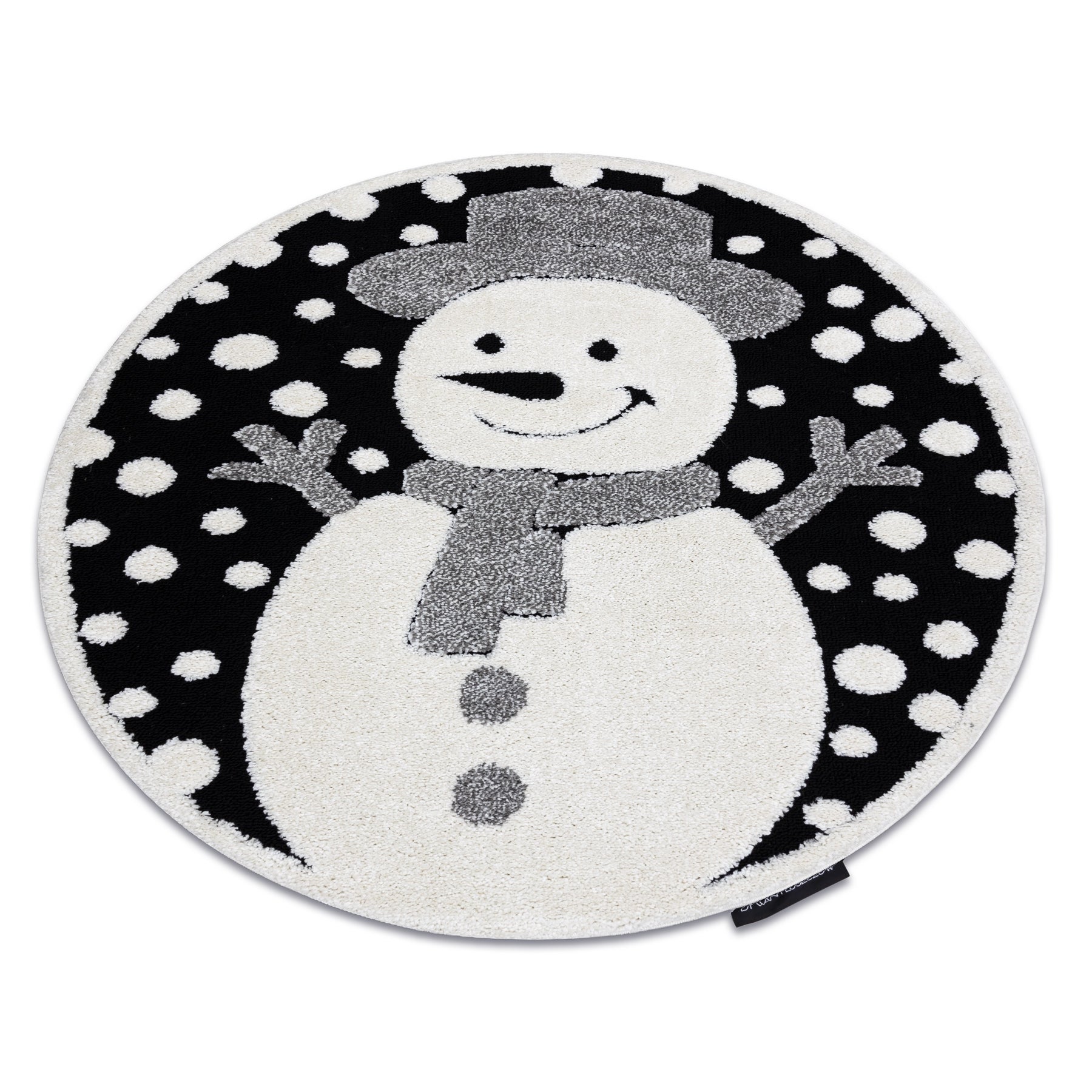 Dywan dziecięcy JOY Koło Snowman bałwanek, dla dzieci - Strukturalny, dwa poziomy runa czarny / krem koło 140 cm