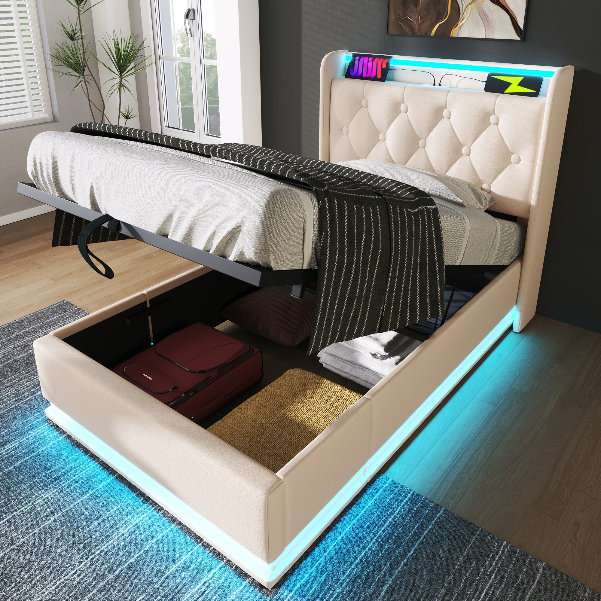 Lit Coffre Enfant 90x200 Avec Rangement Et Lumière LED - Tête De Lit Capitonnée Réglable - Sans Matelas