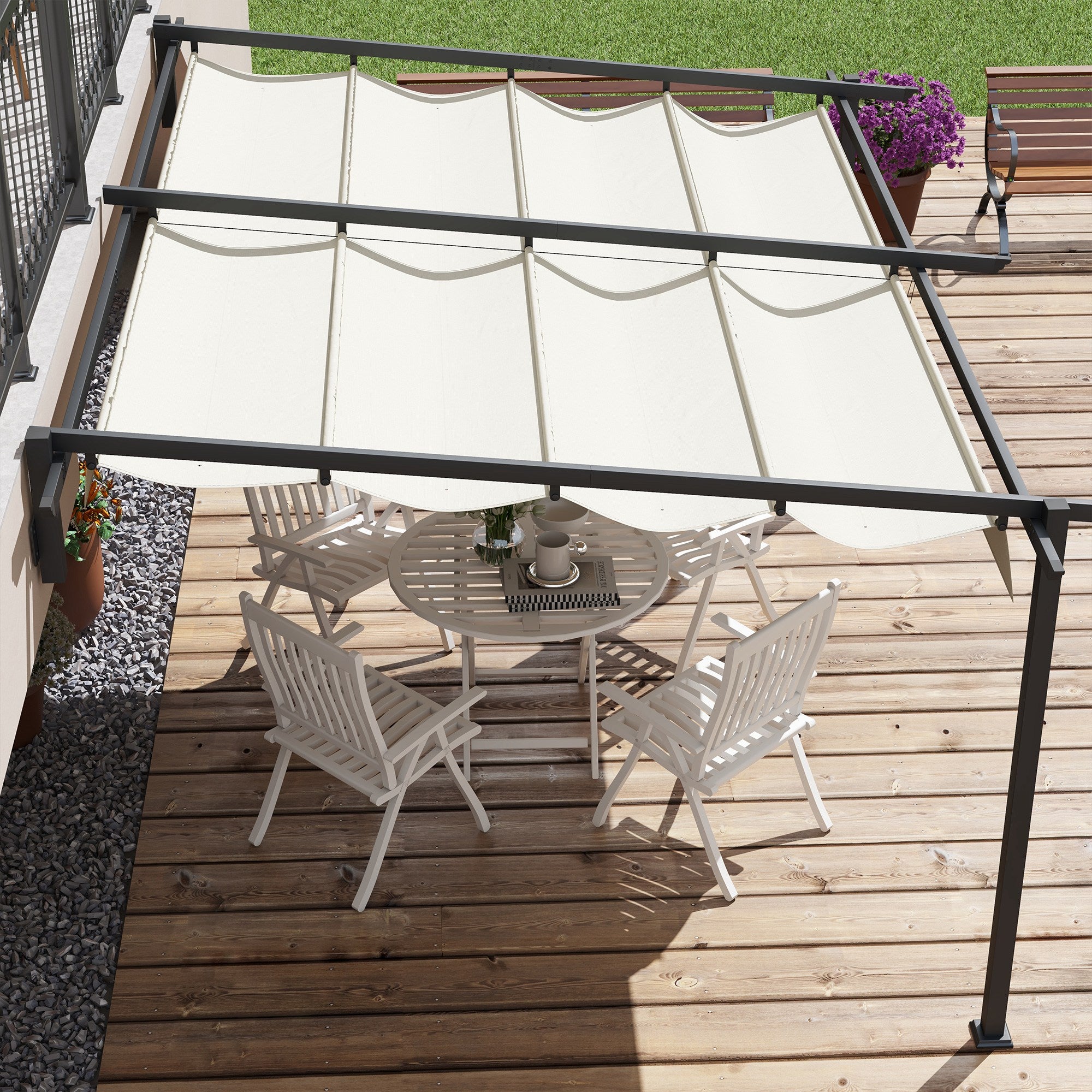 Pérgola Outsunny Acero, Poliéster Crema 397x297x230 cm - 4