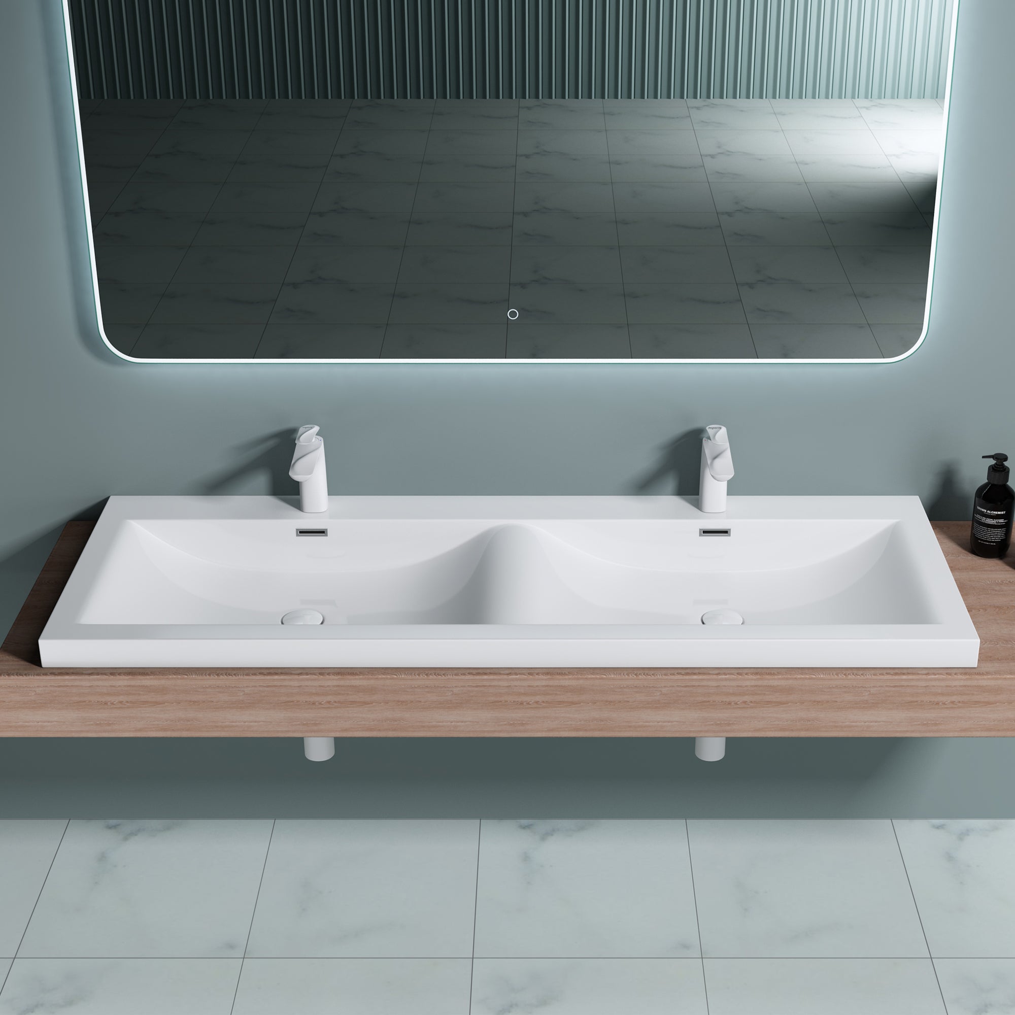 Double Lavabo, Lavabo à Encastrer, Vasque à Encastré, Lave-Mains, 144x48x12cm, Solid Surface, Colossum03 doporro - 2