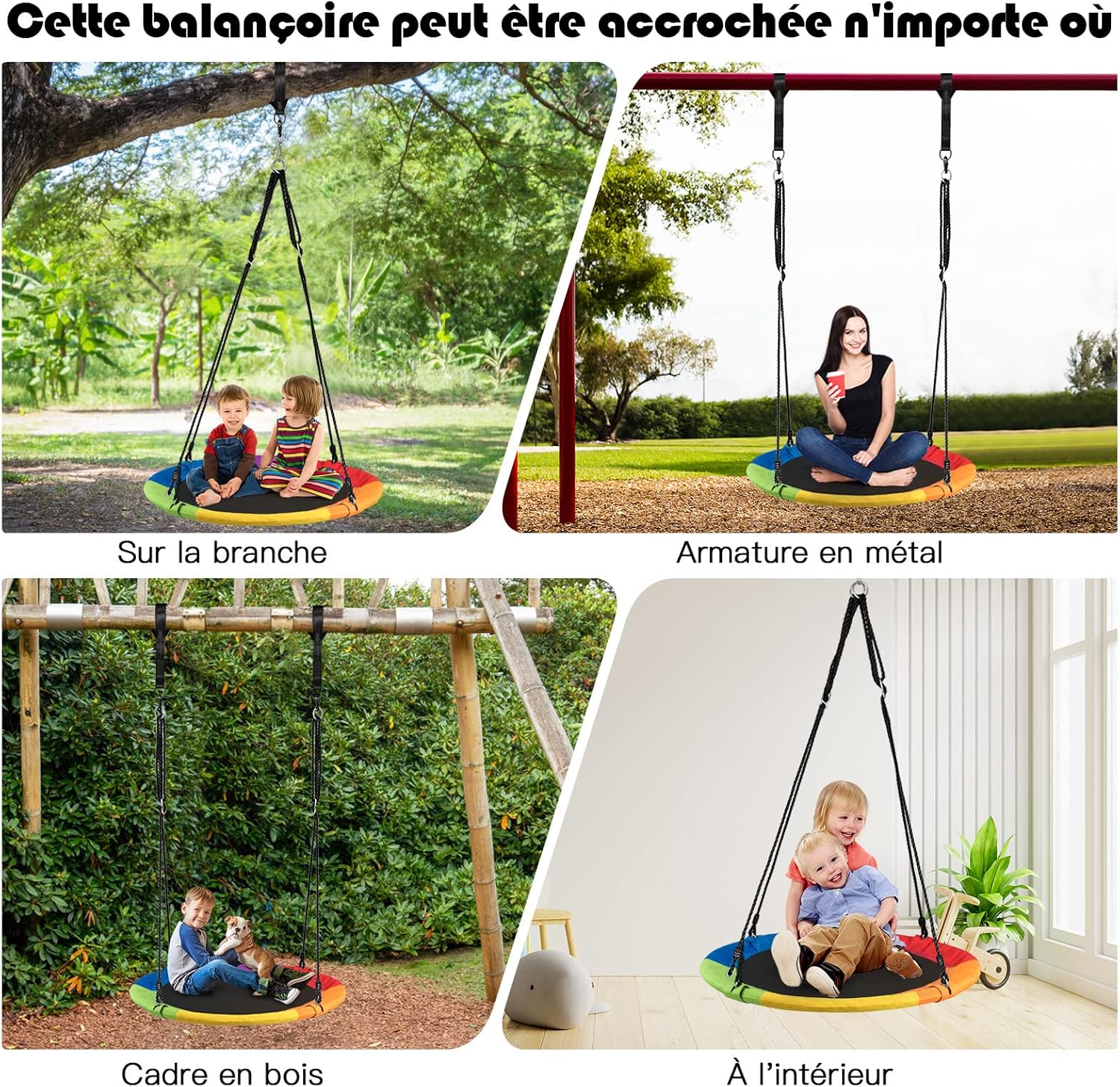 Balançoire Nid d’Oiseau Rond pour Enfant, Adulte Ø100CM avec Cordes de Suspensions Réglables 100-160 CM(Coloré, Cordon de Suspension) - 3