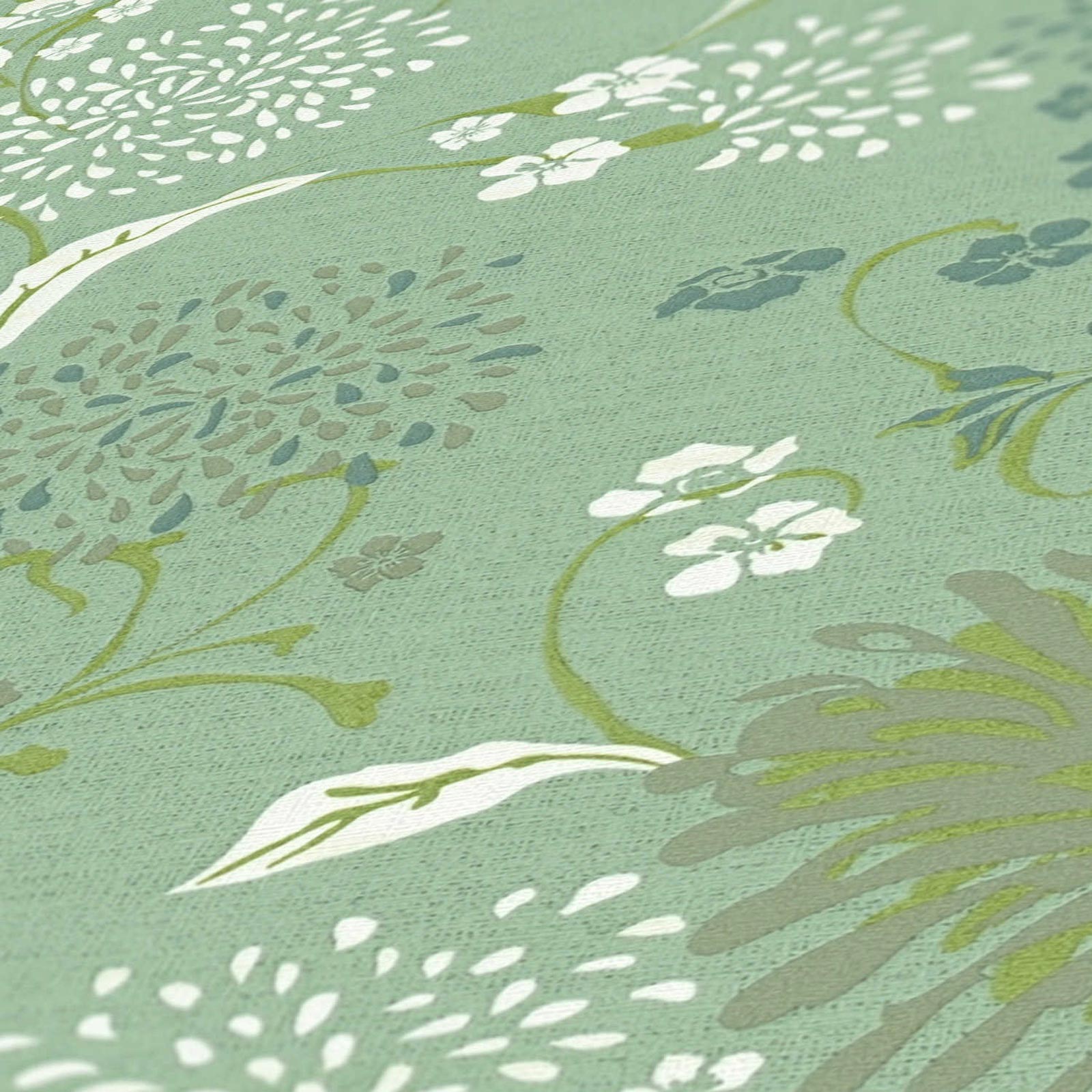 Tapeta kwiatowy wzór zielonymIbiałym - 53 cm x 10.05 m - LIVINGWALLS