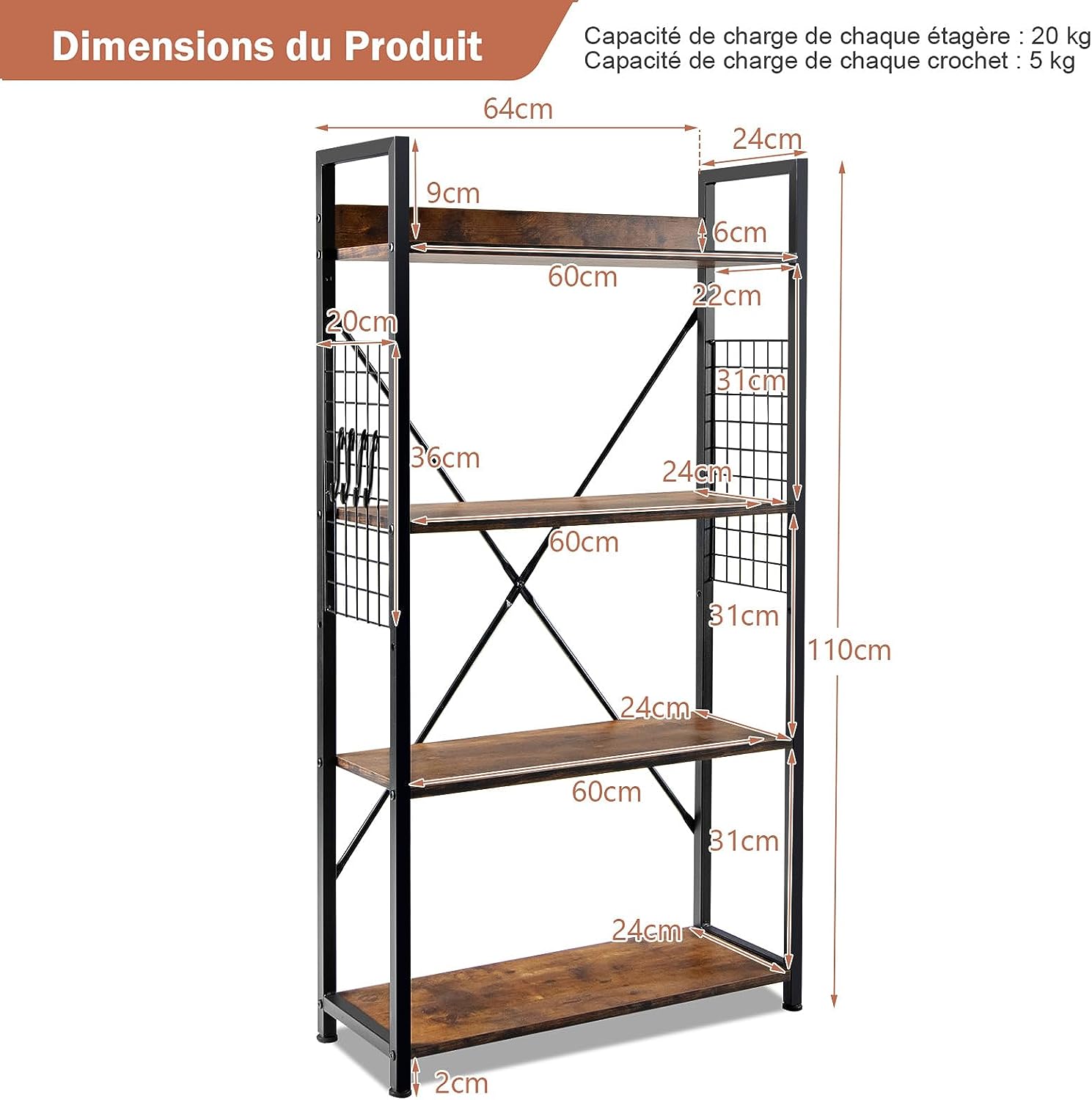 Libreria Industriale a 4 Livelli, Scaffale Multifunzionale con Struttura in Metallo e Piedini Regolabili, Ideale per Soggiorno Camera da Letto - 5