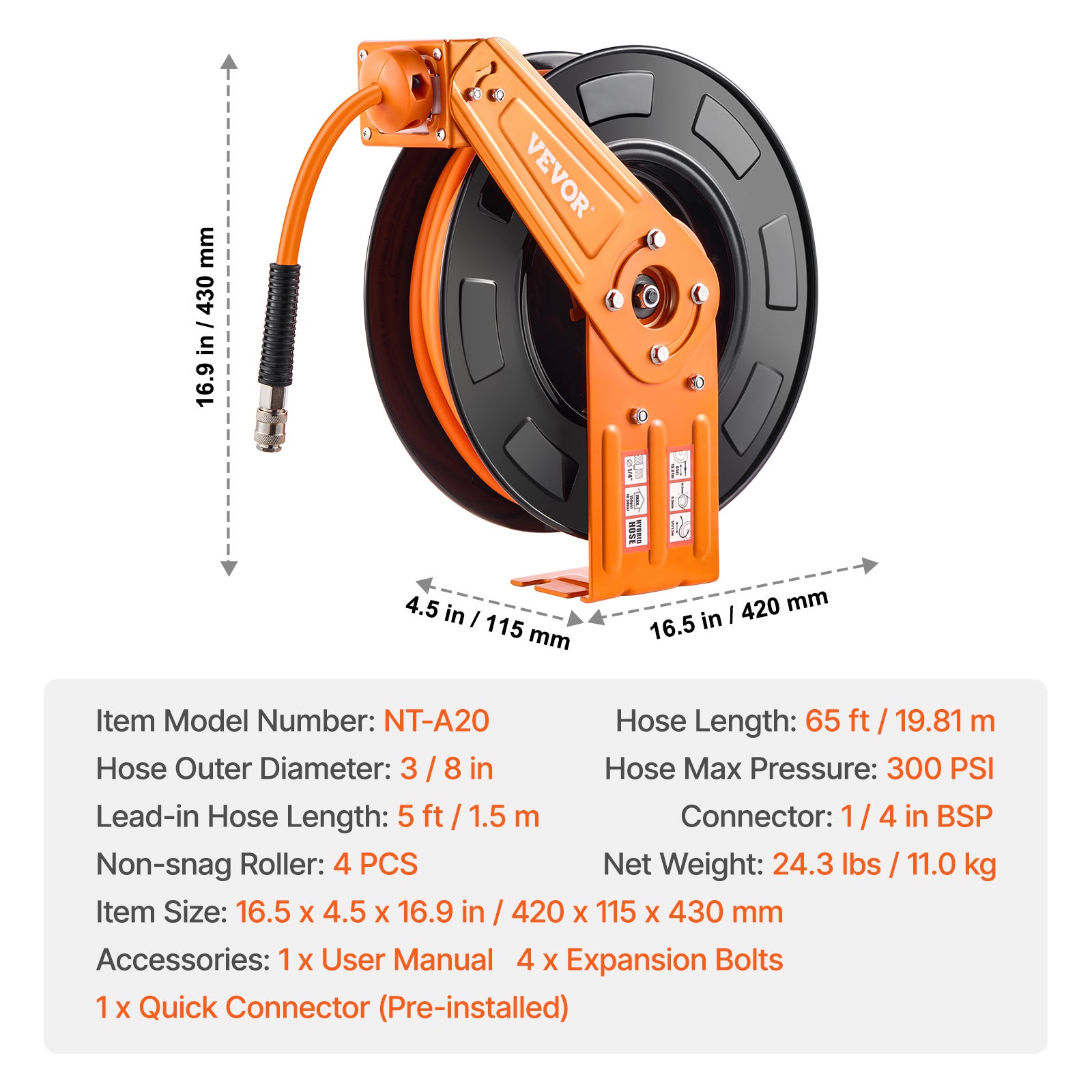 Enrouleur tuyau air comprimé hybride rétractable VEVOR 9,53 mm x 19,81 m,pression 300 PSI,rembobinage automatique,unique,montage plafond/mur - 7