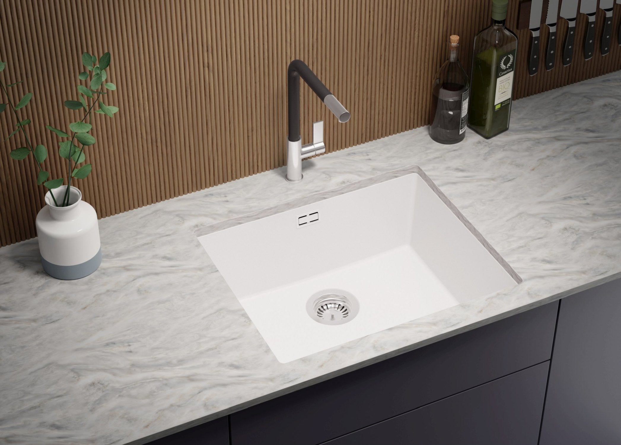 Lava-louça de encastrar Todo Branco 56x47cm, Pia de Cozinha 1 cuba + Kit de drenagem, Pia em Granito em armários de 60cm - Londres PRIMAGRAN - 2