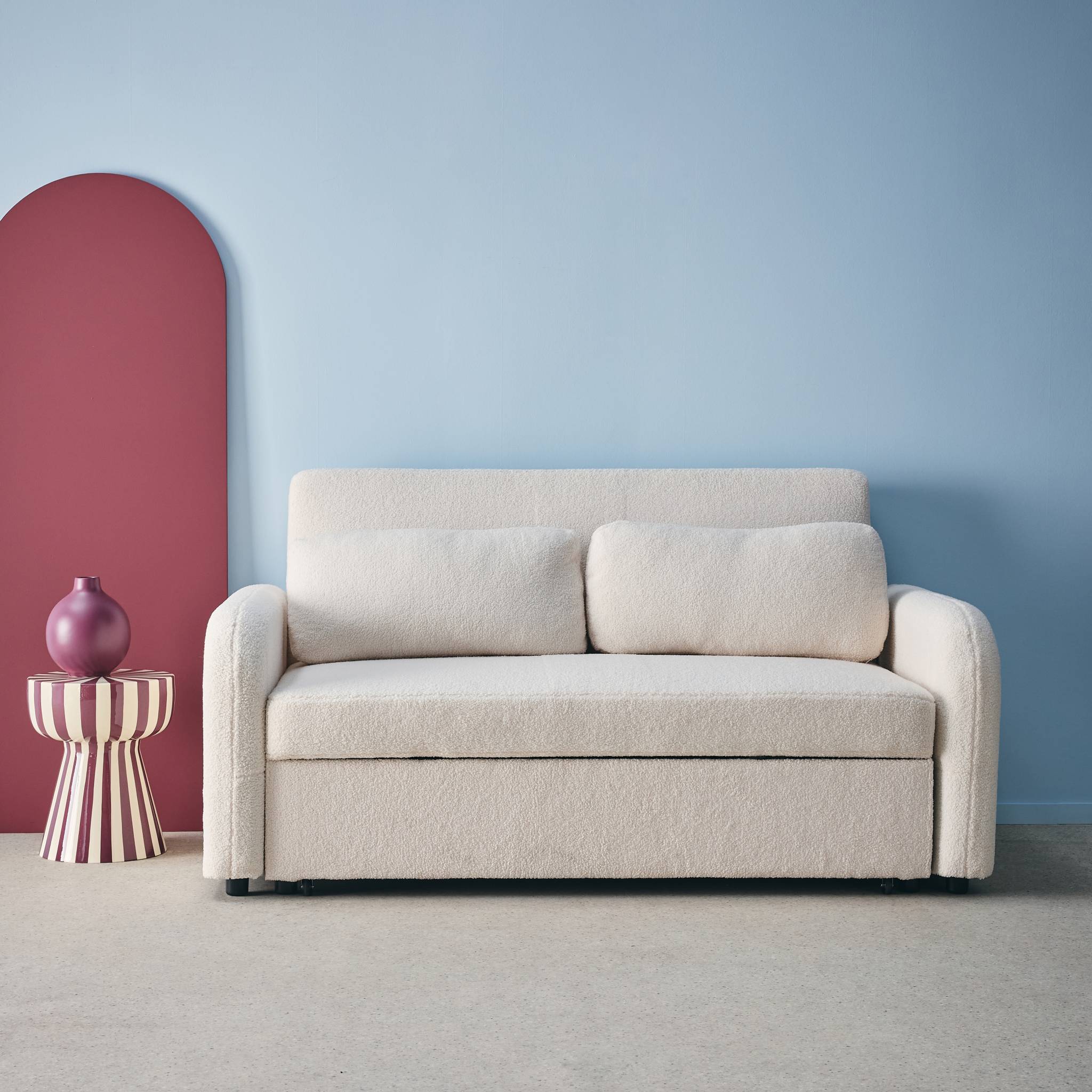 Divano letto arrotondato in tessuto bouclé, 2 posti, Crema - 2