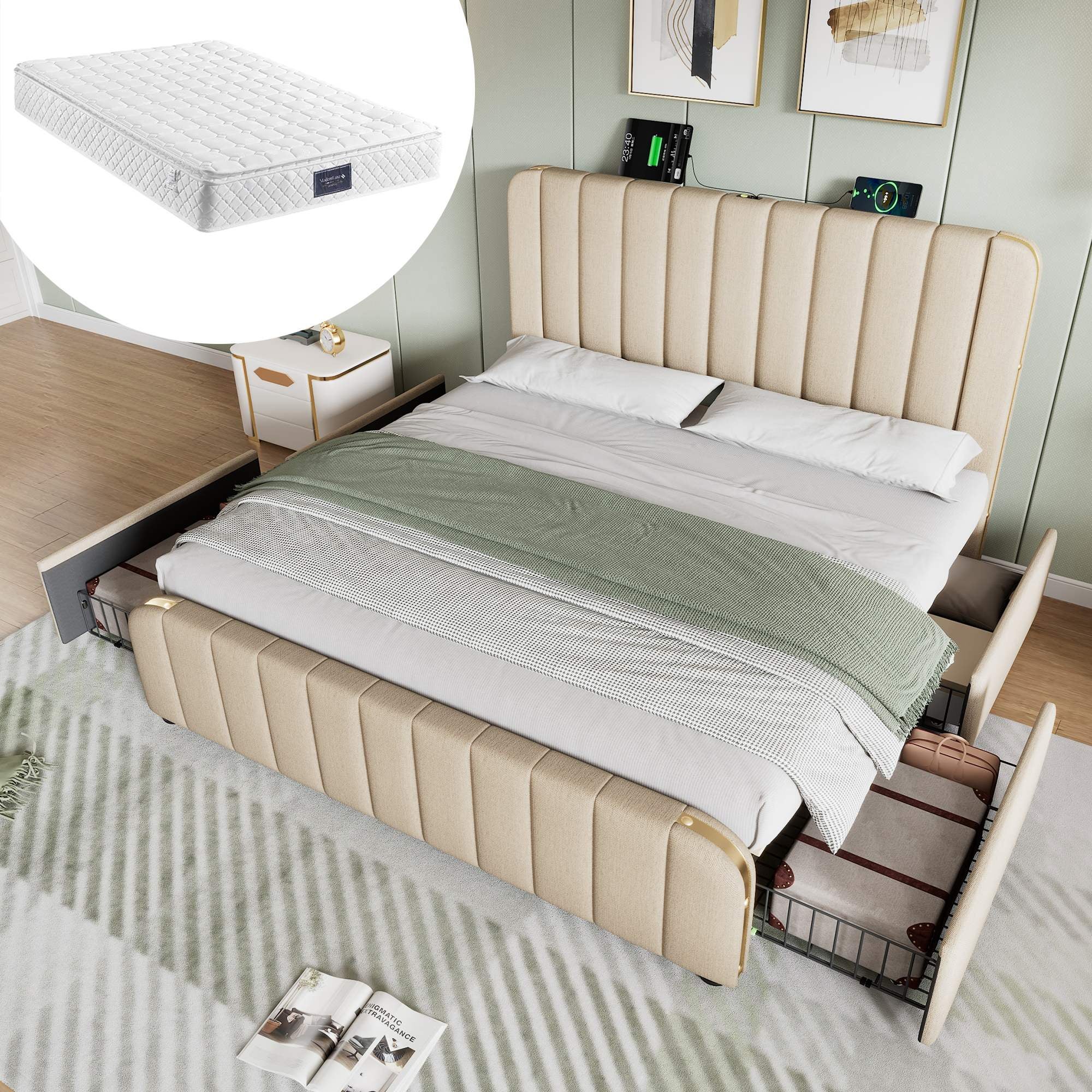 Letto matrimoniale 160x200 cm testiera imbottita, strisce dorate