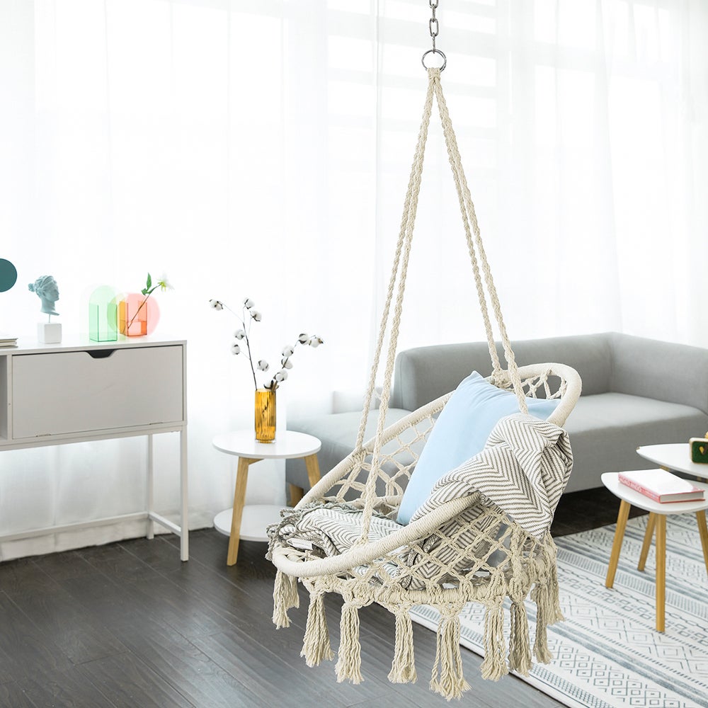 Sobuy Ogs42-mi Chaise Suspendue À Franges En Corde De Coton, Hamac Suspendu Macramé, Fauteuil Balançoire - 9
