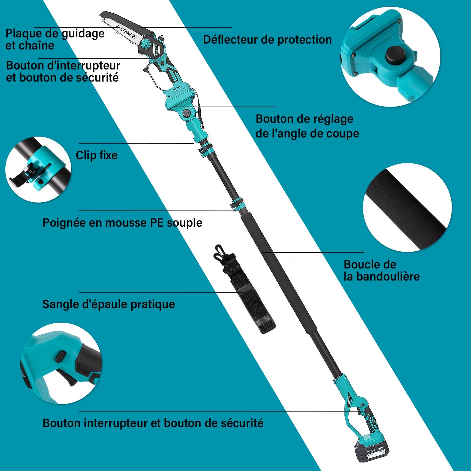 STANEW Tronçonneuse rétractable 2 en 1 et mini tronçonneuse sans balais avec 2 batteries 4000mAh, 6
