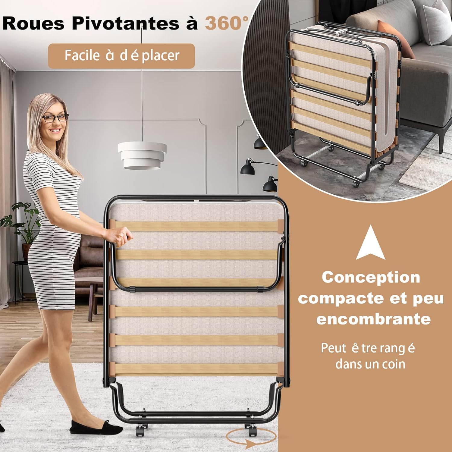 Lit Pliant 190 x 80 cm avec Memoire de Forme, Lit d’Appoint avec Cadre en Acier et 4 roulettes Universelles, Lit Pliable Fabriqué en Italie - 6