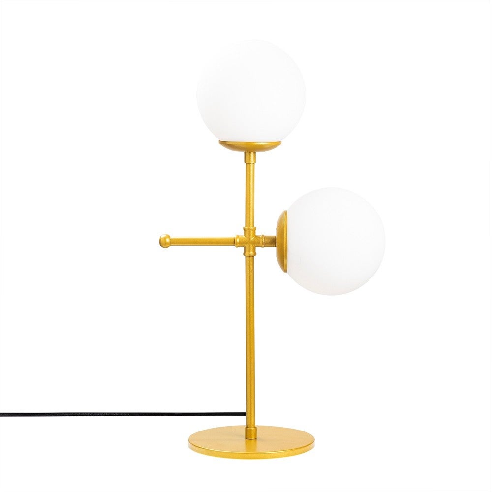 Lampa stołowa Garet 2 światła elegancki minimalizm z okrągłą podstawą ze złotego metalu i 2 białymi szklanymi kulami