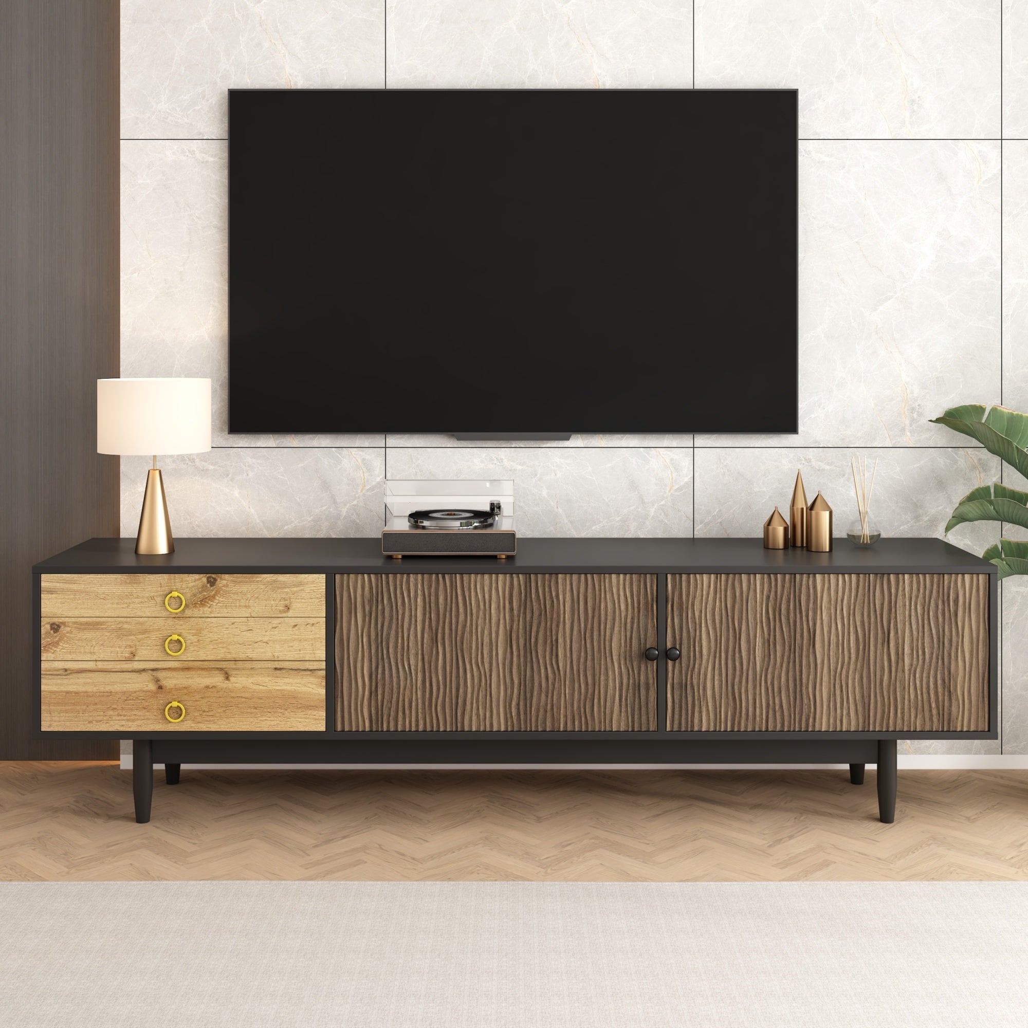 Szafa pod TV 180x38x50 cm - 2 drzwi i 3 szuflady - MDF + płyta wiórowa - Czarny + Naturalny