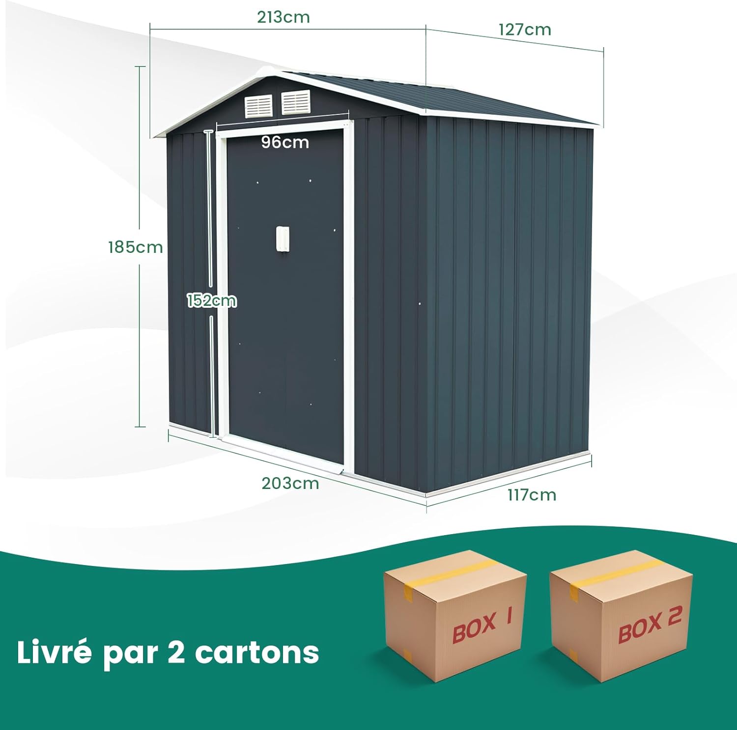 2,37m² Abri de Jardin Métal Galvanisé avec Base, Cabane de Rangement à Outils 213x127x185 cm avec Portes Coulissantes & Fenêtres,4,39m³ Gris - 4