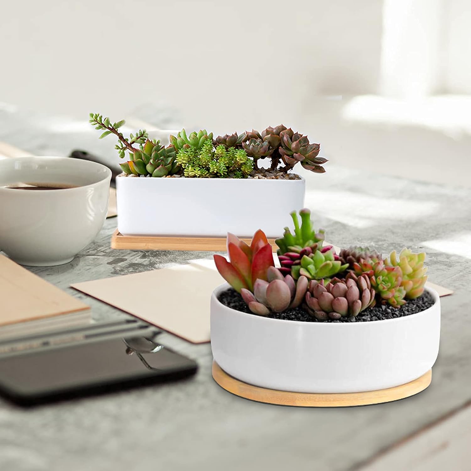 Lot de 2 petits pots de fleurs rectangulaires en céramique pour plantes grasses avec trou de drainage et plateau en bambou - 3
