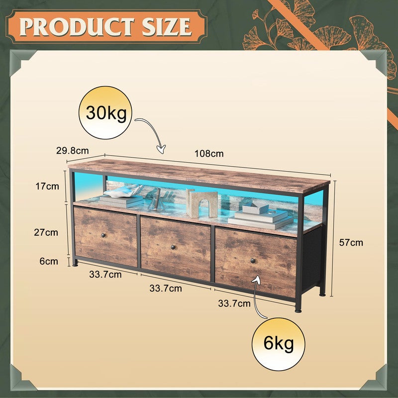Meuble TV 108x30x57cm, avec bande lumineuse LED et 3 tiroirs en tissu rétro, pieds réglables en hauteur, structure en fer, meuble tele - 5