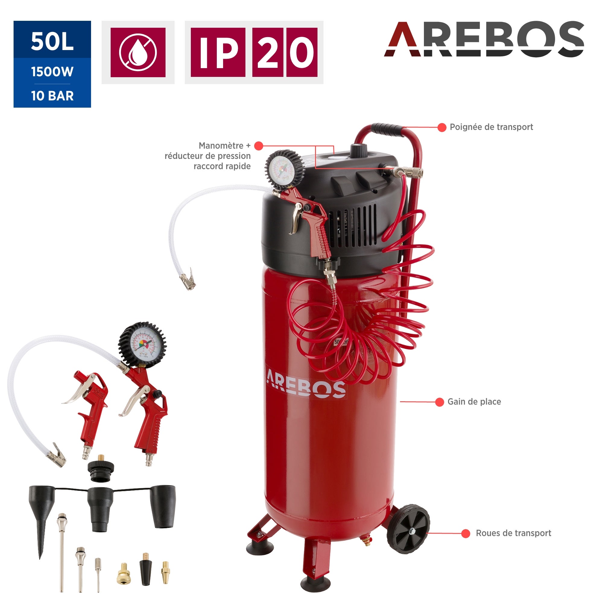 AREBOS Compresseur d'air avec kit d'accessoires 13 pièces mobil Sans huile Arrêt automatique Capacité : 50 litres - 5