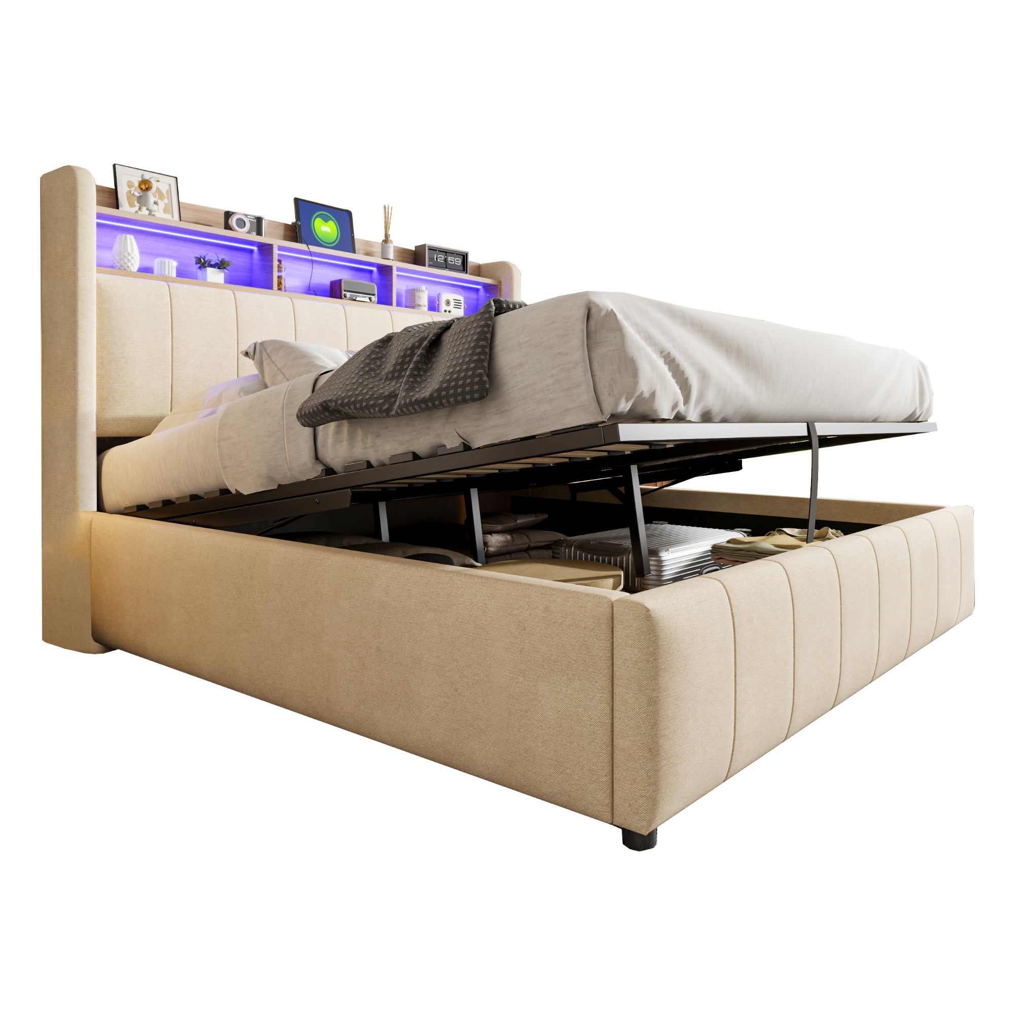 Lit coffre lit double 160 x 200 cm lit capitonné avec éclairage LED, prises USB et rangement, lin, beige - 9