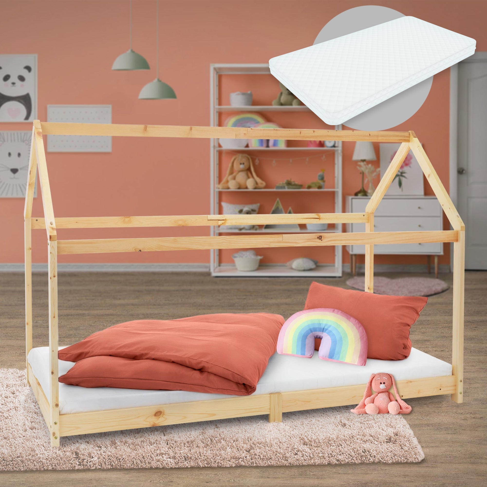 Lit cabane enfant 90x200 cm naturel bois de pin massif avec matelas H16cm, toit et sommier à lattes, couchage au sol maisonnette - 2