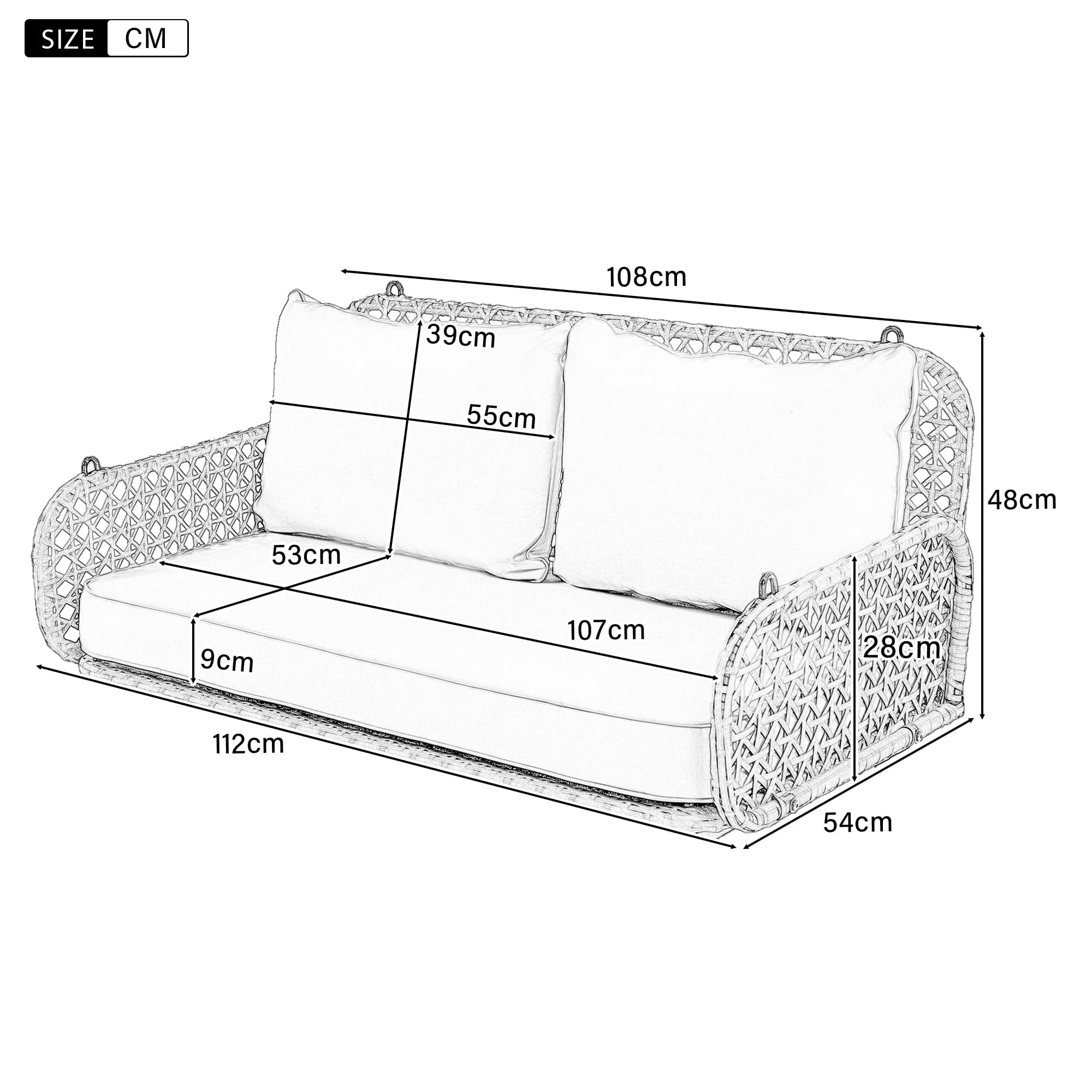 Balançoire en rotin PE deux places, coussins amovibles et lavables, 2 chaînes 240 cm, capacité 320 kg, sans cadre, pour jardin extérieur, beige - 3