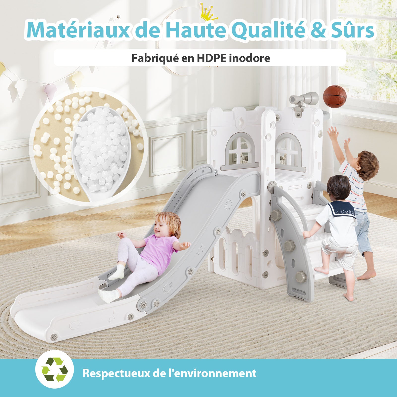 6 en 1 Toboggan Enfant en HDPE avec Panier de Basket & Télescope, Aire de Jeux Intérieure avec Échelle & Espace de Rangement, Blanc+Gris, pour 1 Ans+ - 8