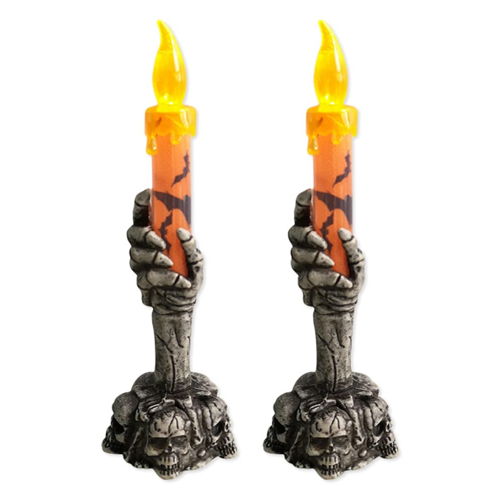 Lot De 2 Bougeoirs Crâne Tête De Mort En Résine - Décoration Halloween Gothique Noir