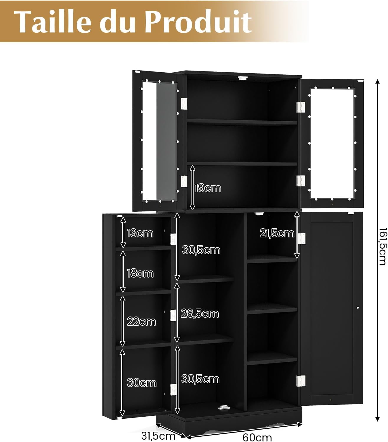 Credenza da Cucina, Dispensa da Cucina con Doppia Porta in Vetro Temperato, Design Antiribaltamento, Ideale per Soggiorno Sala da Pranzo e Cuc - 3